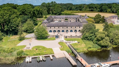 An aerial view of the stone pods and the lough edge at Crom, County Fermanagh